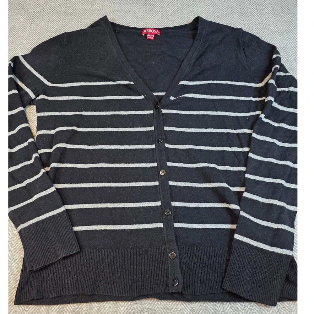 Merona Womens XL Black Gray Striped V-Neck Button Front Cotton Cardigan Sweater